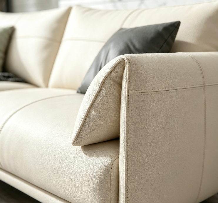 Mid-Century Wide Seat Leather Sofa with Decor Pillows