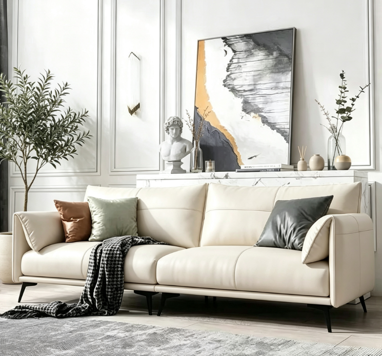 Mid-Century Wide Seat Leather Sofa with Decor Pillows